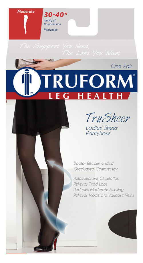 Truform Ladies' Trusheer 30-40mmhg Compression Pantyhose Closed-Toe Large (32-54") Black Nylon/