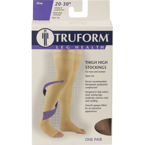 Truform Classic Medical Thigh High Open Toe Compression Socks, 20-30 Mmhg, Dot Top, Beige, X-La