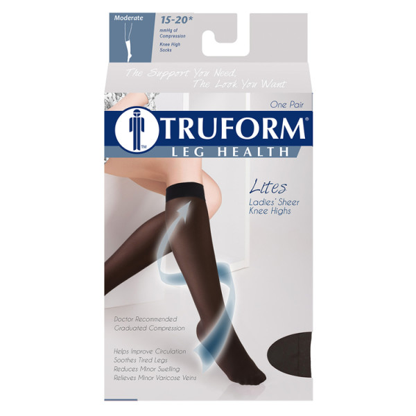 Truform Ladie'S Sheer Lites Support Knee High Close Toe 15-20mmhg, Black, 2large