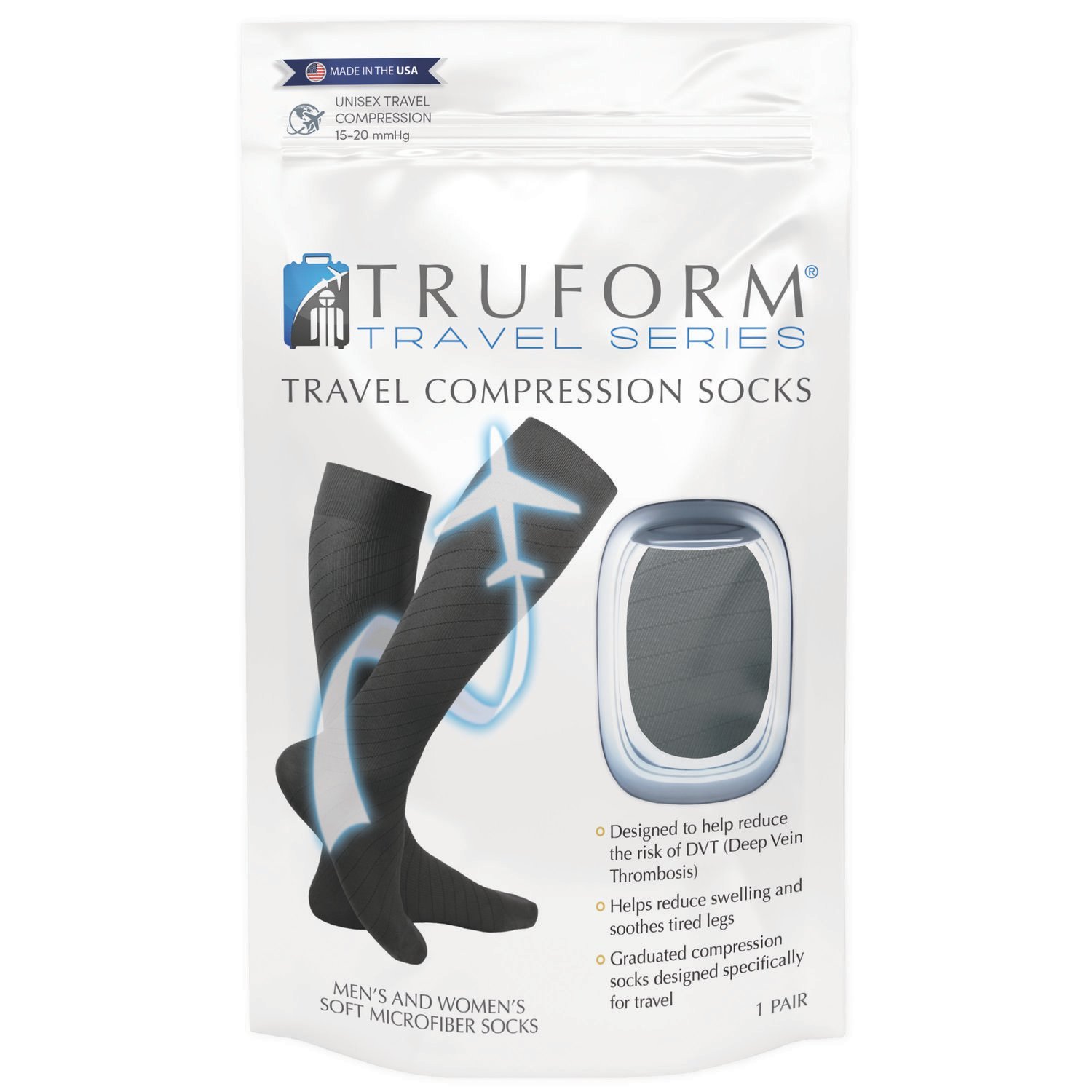 Truform Travel Series 15-20mmhg Compression Socks Knee-High Closed-Toe Unisex Charcoal Large (1