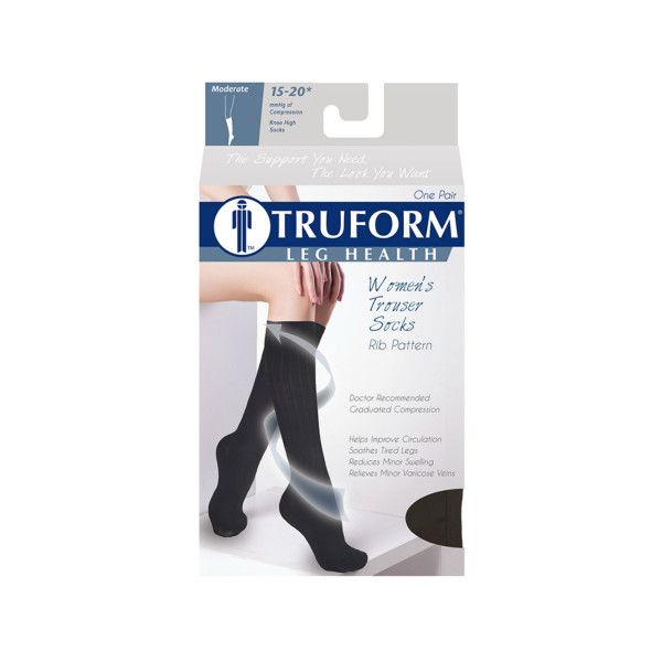 Pr Truform Ladies 15-20mmhg Rib-Pattern Knee-High Socks Medium (13 1/2" - 16" Calf) Black Latex-Free