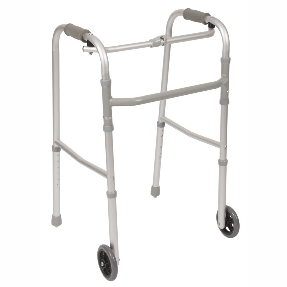 Single Button Folding Walker, Standard With Two Wheels And Two Skis