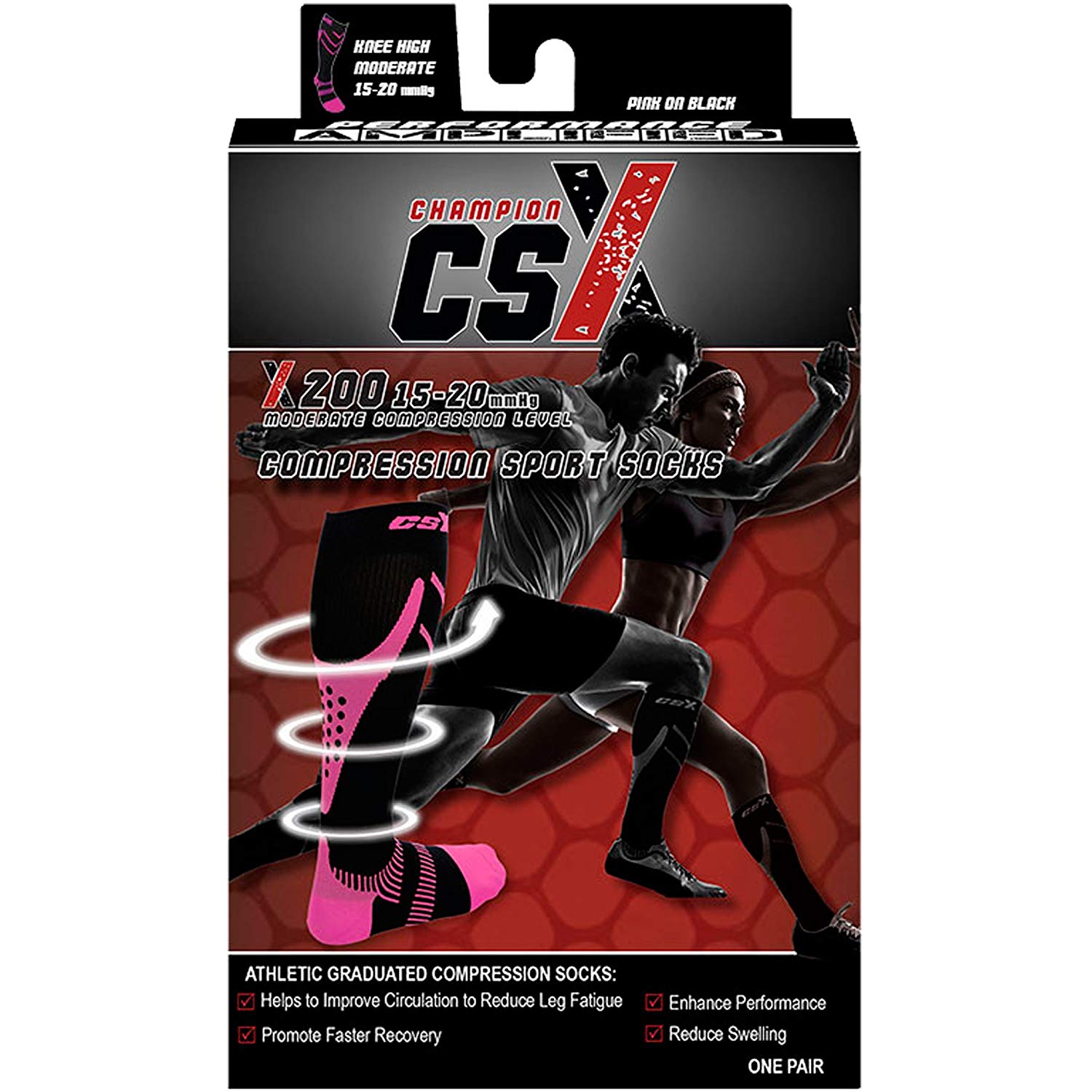 Champion Csx Sport Socks Medium (82.5-11in) 15-20mm Pink/Black