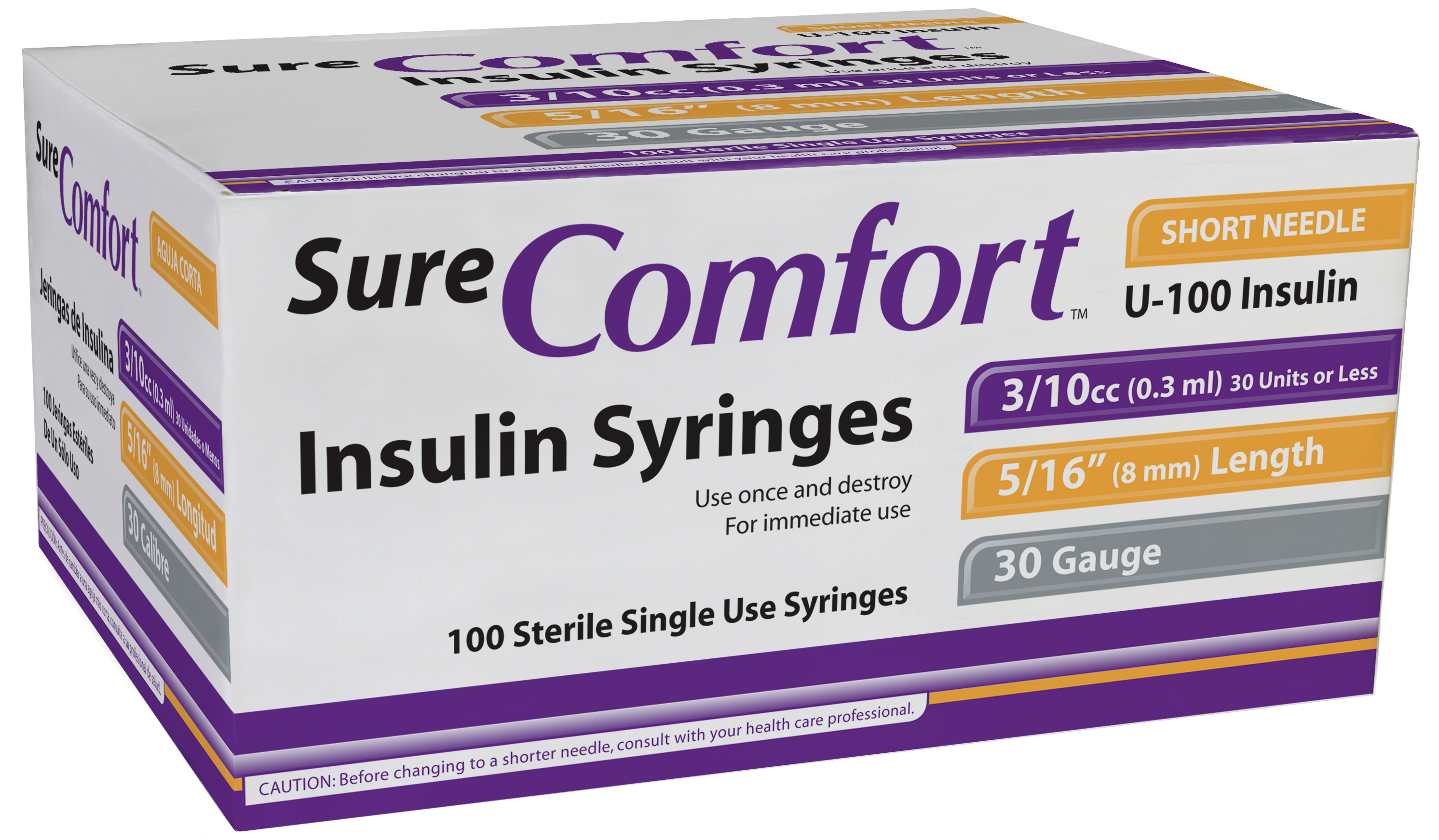 Sure Comfort Insulin Syringe, 30g, 5/16in (8mm), 3/10cc