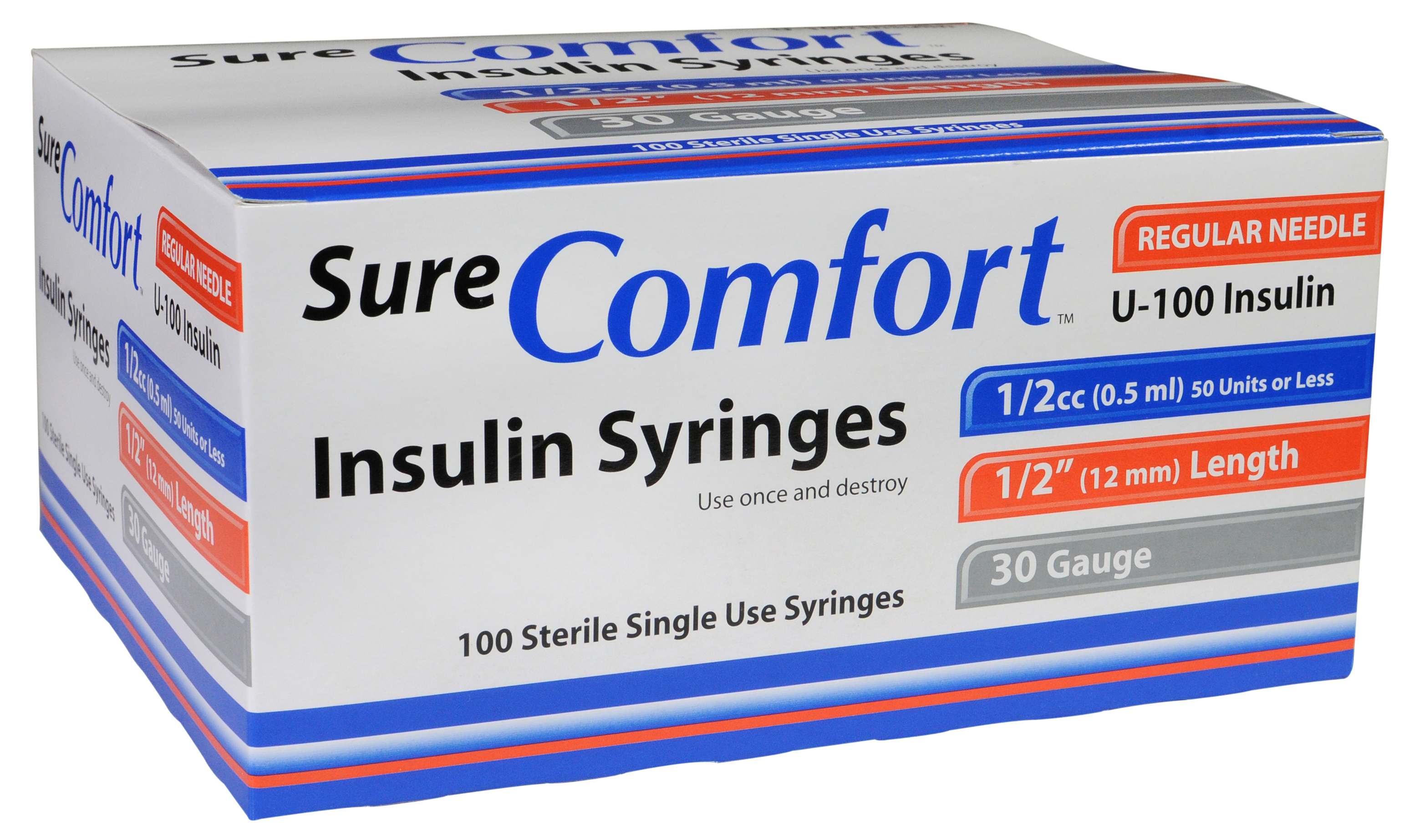 Sure Comfort Insulin Syringe, 30g, 1/2in (12mm), 1/2cc