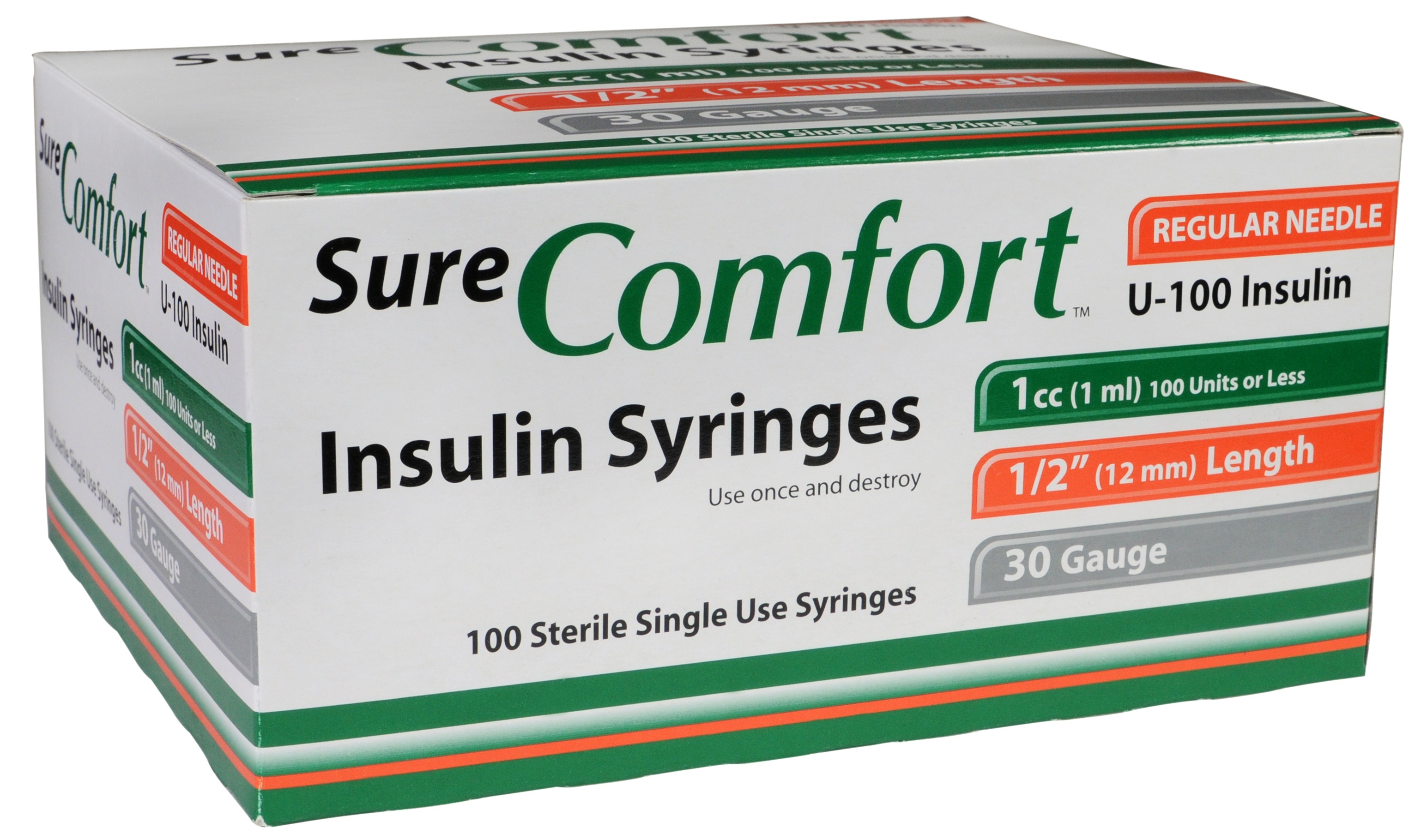 Sure Comfort Insulin Syringe, 30g, 1/2in (12mm), 1cc