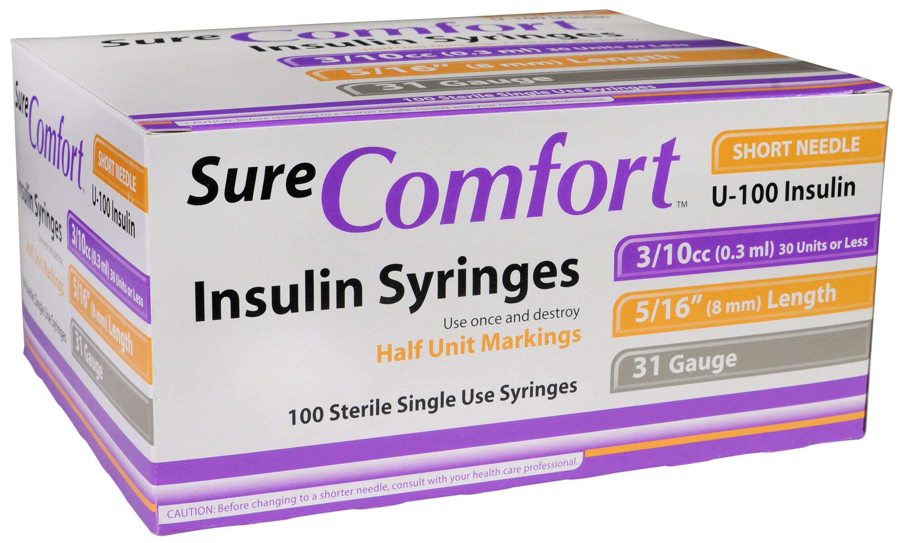 Sure Comfort Insulin Syringe, 31g, 5/16in (8mm), 3/10cc