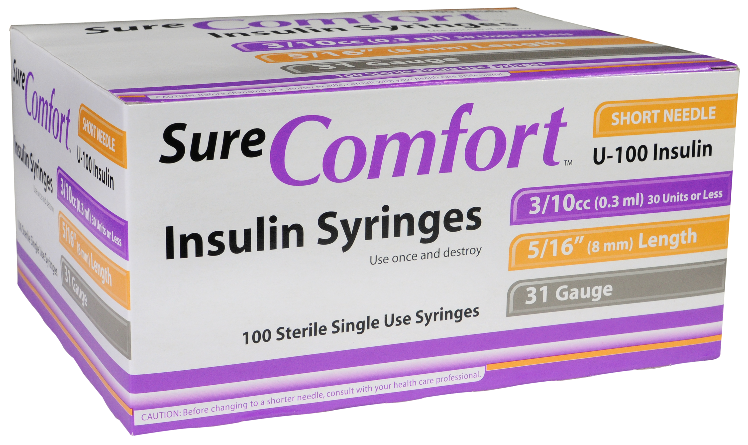 Sure Comfort Insulin Syringe, 31g, 5/16in (8mm), 3/10cc, 1/2 Unit
