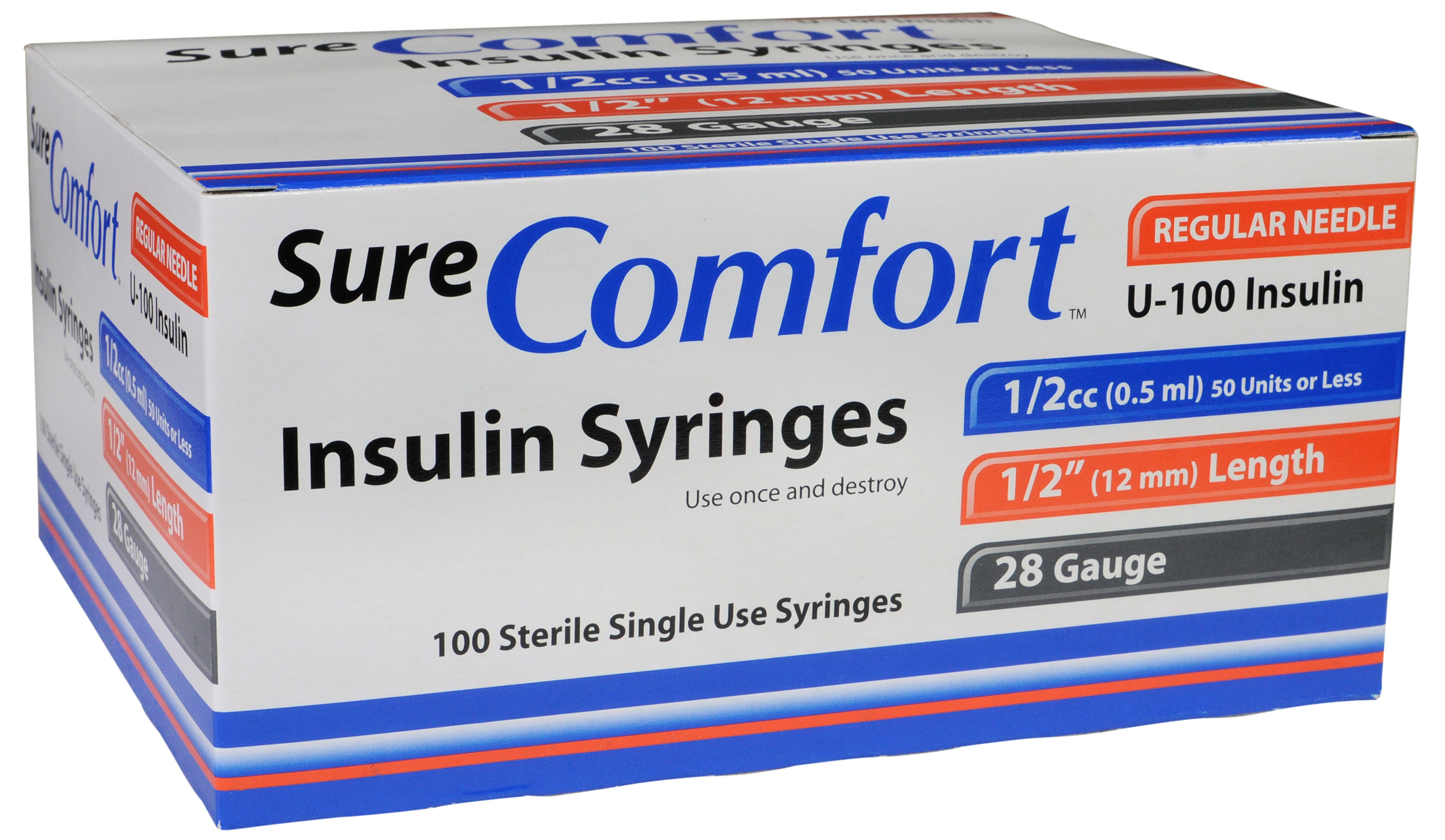 Sure Comfort Insulin Syringe, 28g, 1/2in (12mm), 1/2cc