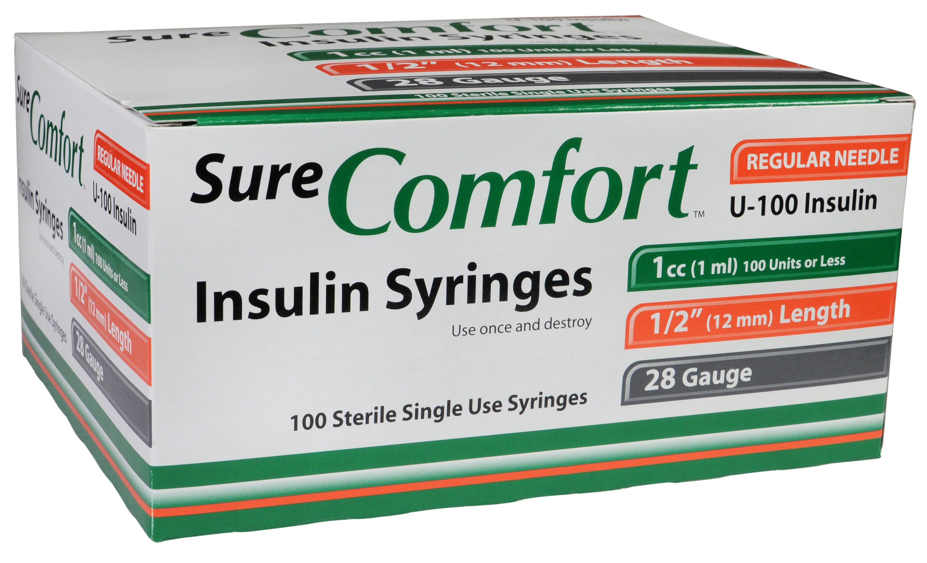 Sure Comfort Insulin Syringe, 28g, 1/2in (12mm), 1cc