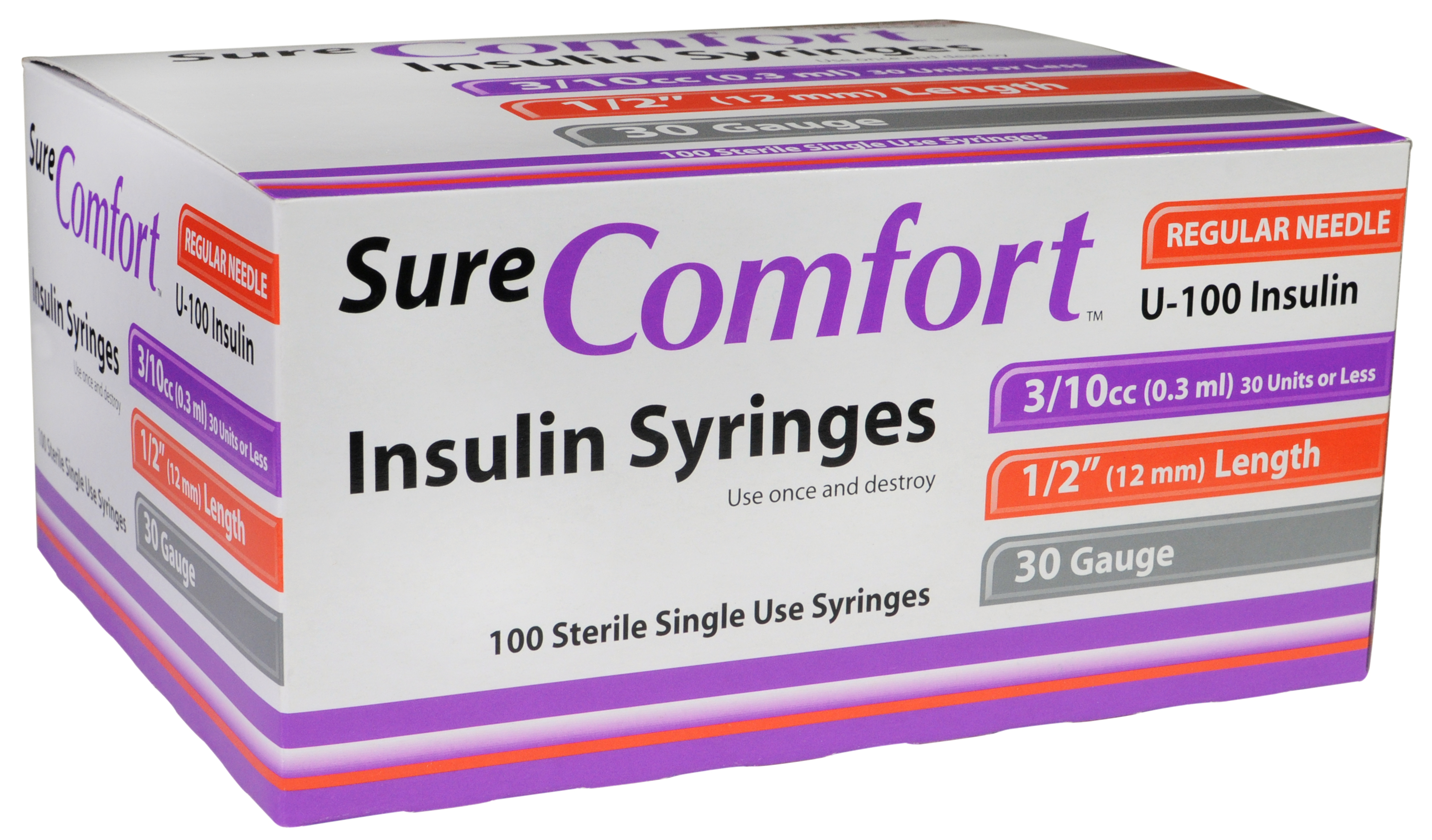 Sure Comfort Insulin Syringe, 29g, 1/2in (12mm), 3/10cc