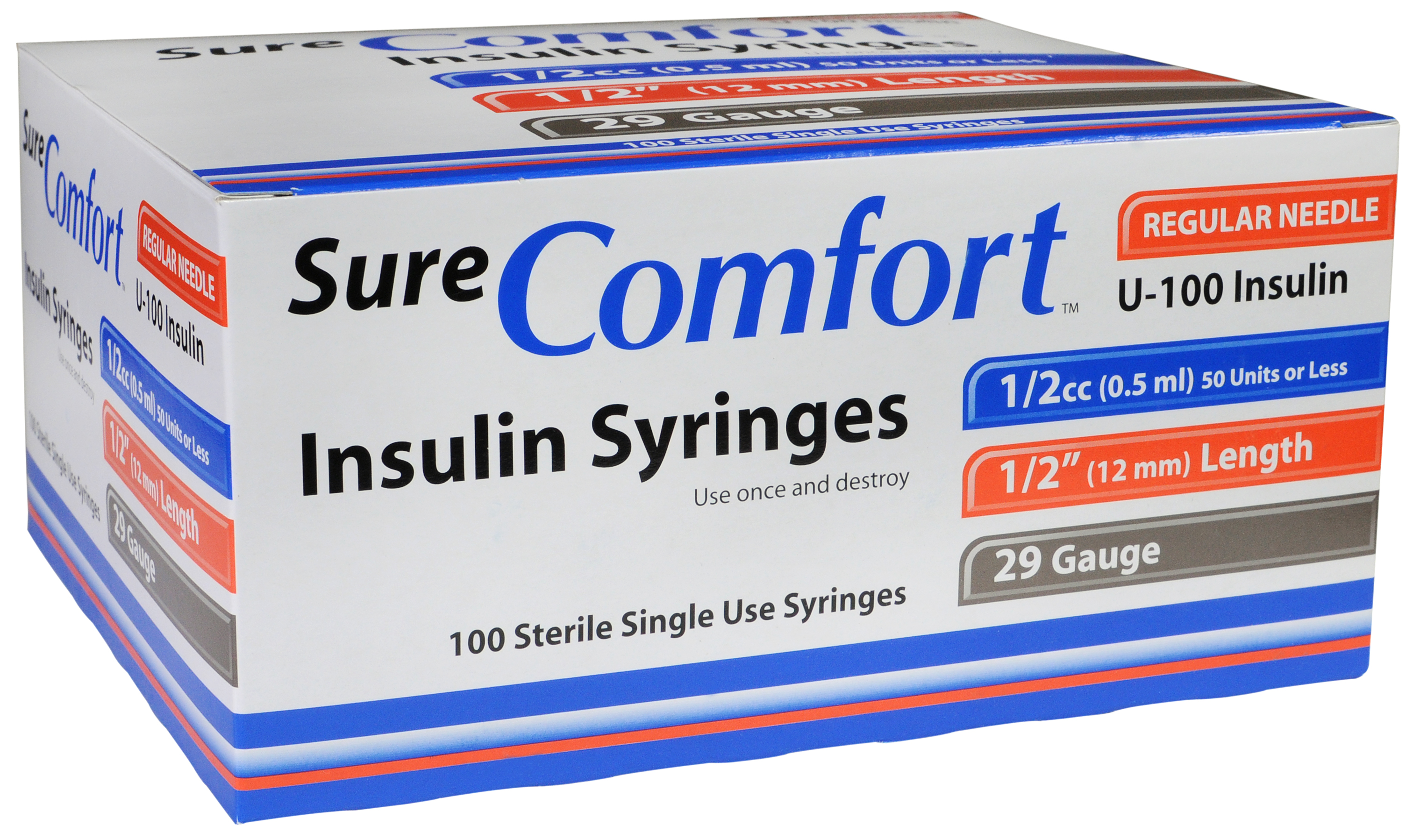 Sure Comfort Insulin Syringe, 29g, 1/2in (12mm), 1/2cc