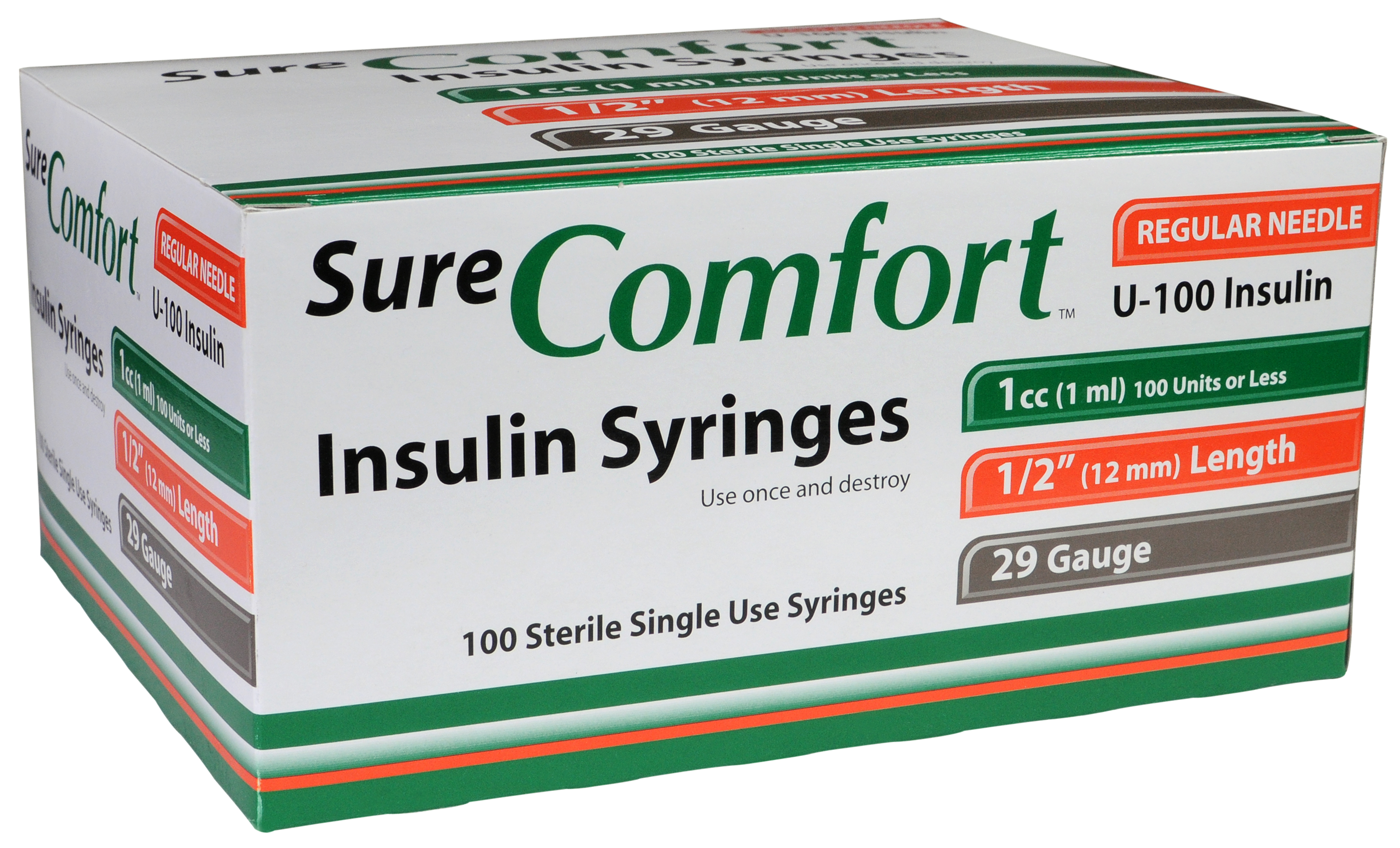 Sure Comfort Insulin Syringe, 29g, 1/2in (12mm), 1cc