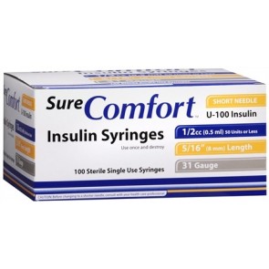 Sure Comfort Insulin Syringe, 28g, 5/16in (8mm), 1cc (Unit Blister Pack)