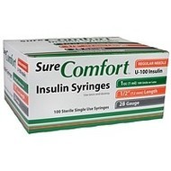 Sure Comfort Insulin Syringe, 28g, 1/2in (12mm), 1cc (Unit Blister Pack)