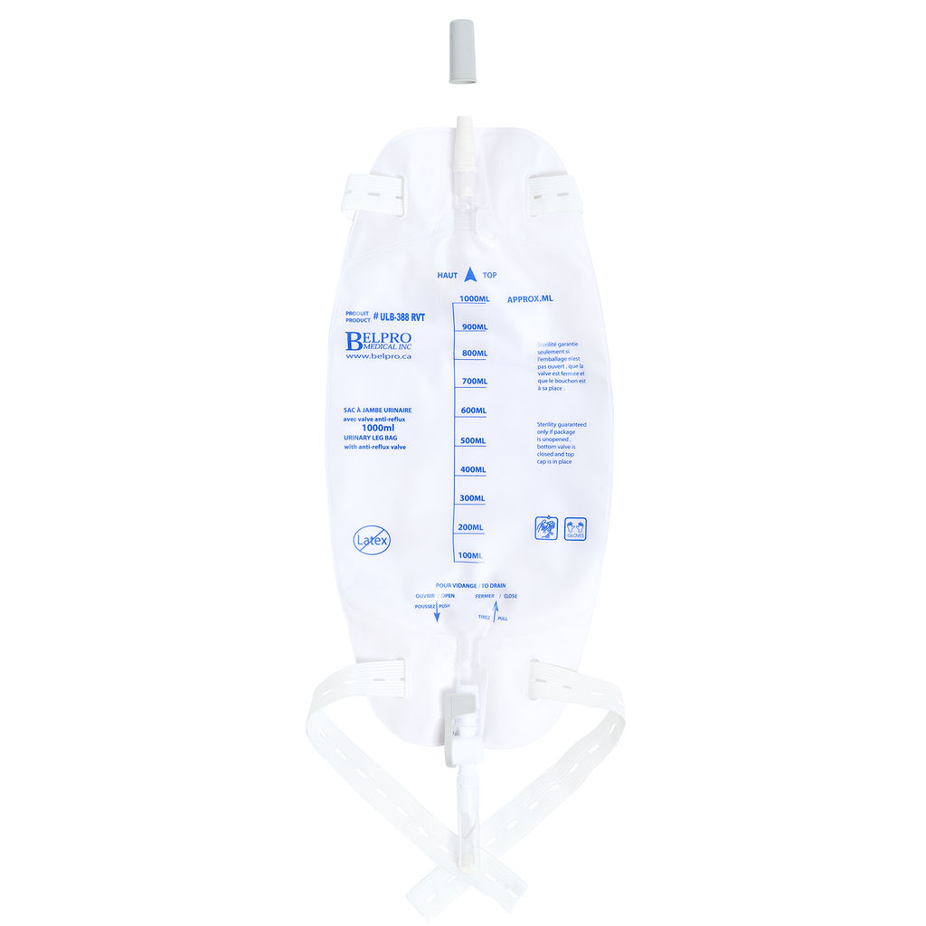 Leg Bag, 800ml, With Anti-Reflux Valve, W/ 18" Extension Tube With Bidirectional Needleless L